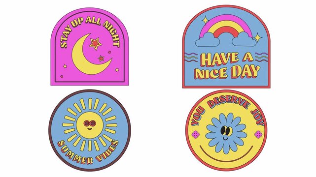 Retro groovy badge stickers with moon, rainbow, sun and flower