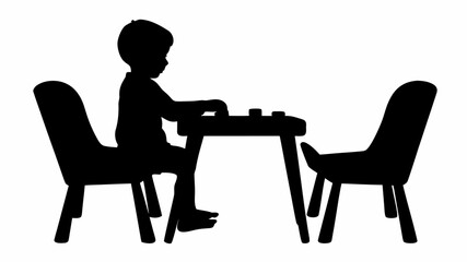 Young child engaged in tabletop gameplay with silhouette chairs with playing board game two matching chairs minimalist black white silhouette style