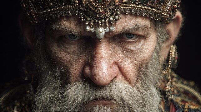 Majestic elderly king wearing an ornate jeweled crown with a long white beard captured in a dramatic cinematic extreme close-up