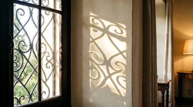 Sunlight casting decorative iron window grille shadows on a white interior wall.