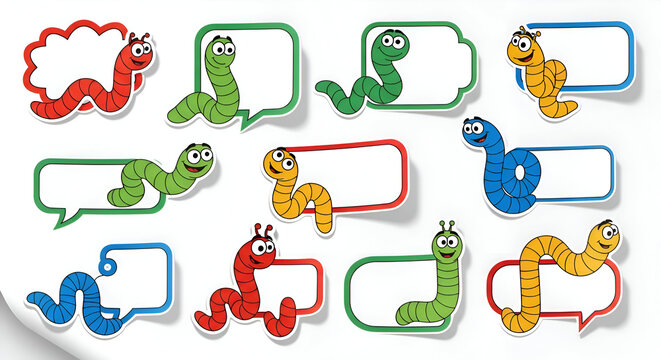 Cheerful cartoon worms with speech bubbles perfect for creative design projects, educational materials, and playful branding needs