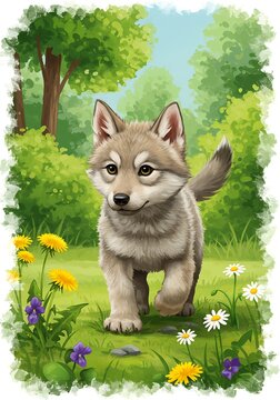 Wolf Pup's Spring Stroll: A Digital Painting