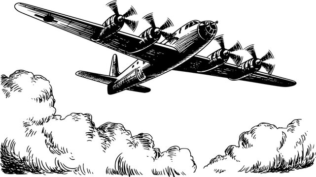 A vintage black and white of a four-engine propeller airplane flying above fluffy clouds