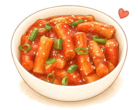 Delicious traditional spicy rice cake dish served in a round ceramic bowl garnished with sesame seeds and green onion slices ready to enjoy during a warm comforting meal time
