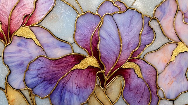 Intricate stained glass art featuring vibrant purple iris flowers outlined with metallic gold lines in a beautiful decorative glass mosaic