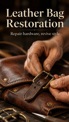 Fototapeta premium In a workshop, hands work on a leather bag to repair the metal buckle. Tools and materials surround the workspace. The focus is on fixing the bag for a better look