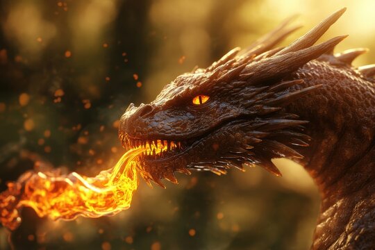 Fantasy dragon head coated in shiny amber syrup breathing hot liquid golden flames