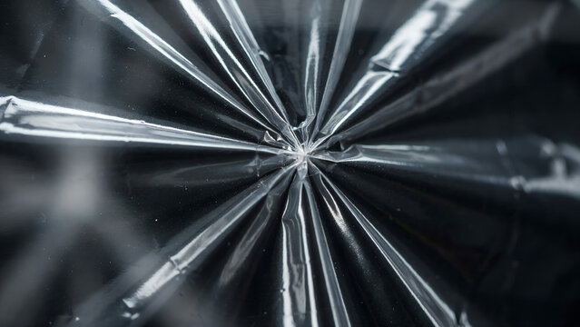 Abstract twisted plastic wrap texture overlay background with dark cellophane wrinkles and light reflection