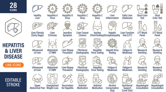 Set of 28 hepatitis and liver disease line icons representing various conditions, symptoms, diagnostic tests, and medical treatments related to liver health