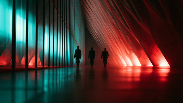 corporate professionals walking through a futuristic glass corridor, elegant business executives in a modern illuminated hallway, formal business people in a office interior