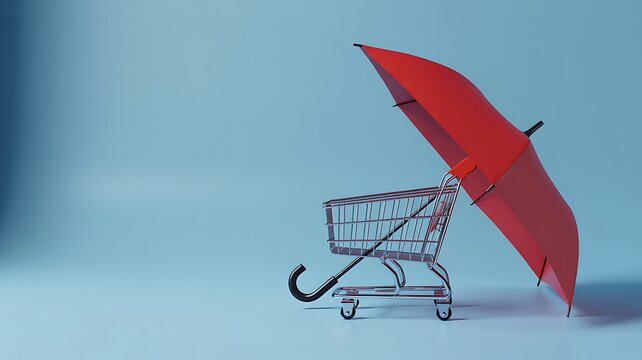 Red umbrella protecting shopping cart as a symbol of retail insurance and consumer protection