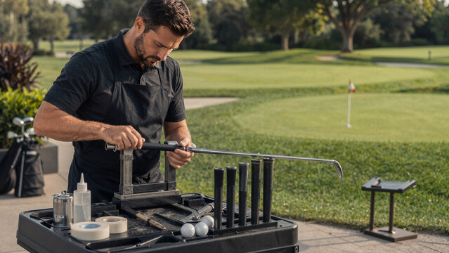 A man works on repairing golf clubs at a table set up on a golf course. The sun shines brightly as he focuses on his task, surrounded by tools and golf balls