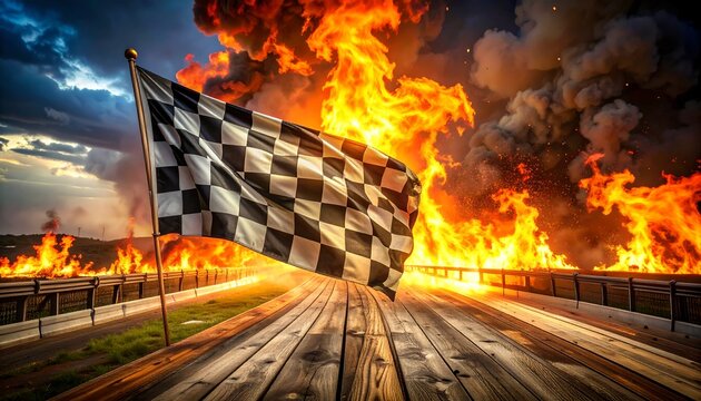 Checkered Flag Against Fiery Apocalypse