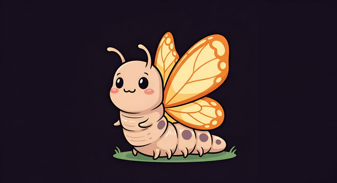 Charming cartoon caterpillar with butterfly wings smiling on green grass against a dark background, perfect for playful designs and branding