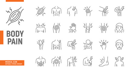 Fototapeta premium Set of body pain icons, including muscle ache, joint pain, back pain, headache, and injury symbols line style medical icons for healthcare, clinic, and wellness