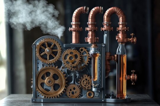 A steampunk style syrup dispenser with brass gears pipes and glass bottles emitting steam