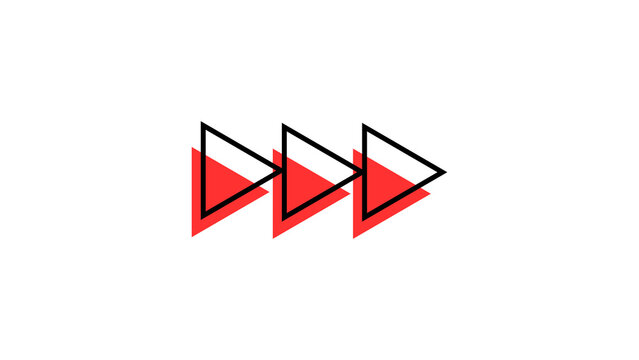 Minimalist geometric composition featuring a horizontal row of three right-pointing triangles with bold black outlines and red shadow accents