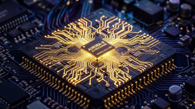 High Tech Computer Processor Chip with Glowing Golden Circuits.