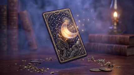 tarot card floating crescent moon mystical divination occult magic celestial An ornate lunar card levitates above a wooden table in a softly lit mystical room suggesting intuition dreams feminine
