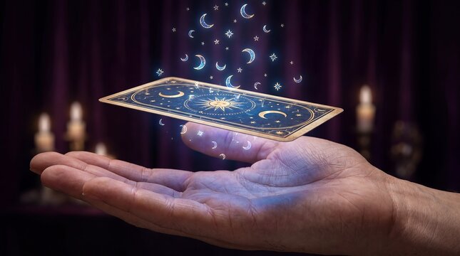 tarot card hand floating moon phases mystical divination magic celestial A horizontal celestial card hovers above an open palm while tiny lunar symbols rise into purple air expressing intuitive power