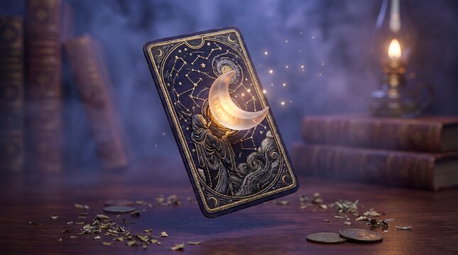 tarot card floating crescent moon mystical divination occult magic celestial An ornate lunar card levitates above a wooden table in a softly lit mystical room suggesting intuition dreams feminine