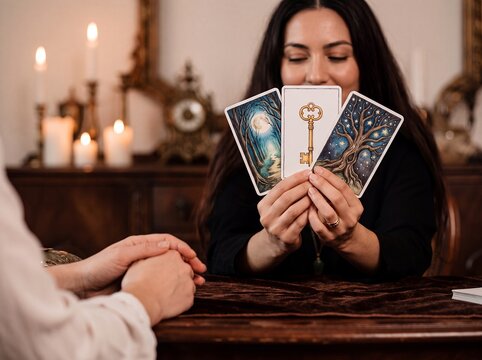 fortune teller tarot cards woman key reading divination consultation mystical A dark haired reader presents a golden key card toward a client at a candlelit table suggesting opportunity solutions