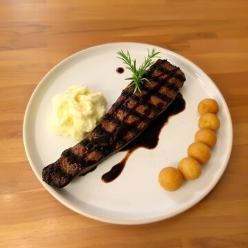 A gourmet grilled beef steak served with creamy mashed potatoes and golden crispy potato croquettes