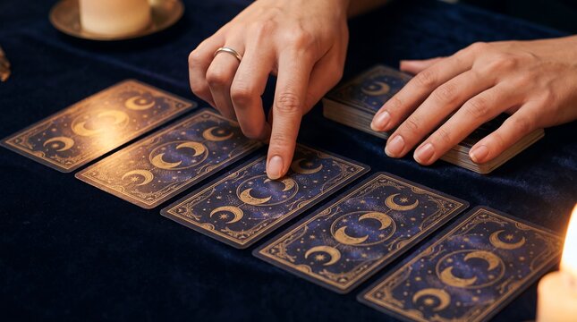 tarot cards selection hands reading divination fortune teller spread candle A client points toward one face down card within a structured grid as the reader guides the choice beside candlelight