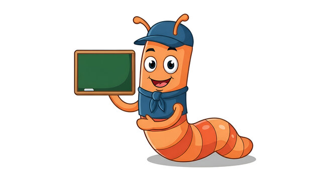 Friendly cartoon worm character holding a blank chalkboard, perfect for education, announcements, or creative designs