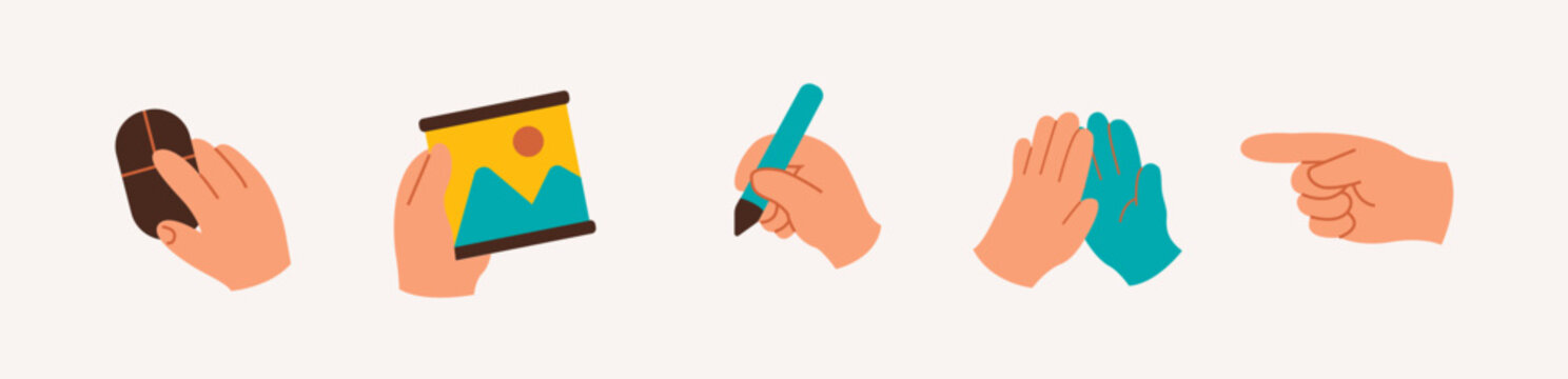 Hand Gesture Icons Set &mdash; Mouse Click, Holding Image, Drawing, Applauding and Pointing Hand Actions Flat Illustration
