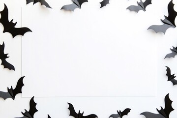 Fototapeta premium Spooky halloween background with black bats silhouettes flying in colorful mystic smoke sky