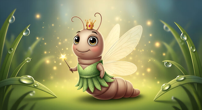 Magical fairy bug with crown and wand in a whimsical garden setting with sparkling lights and dew drops, perfect for children's illustrations