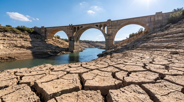 Arid cracked ground leading to a stone viaduct over a depleted reservoir symbolizing environmental disaster and severe drought conditions