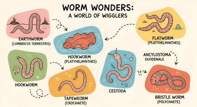 Explore the fascinating world of worms, showcasing various species with detailed illustrations for educational or scientific projects