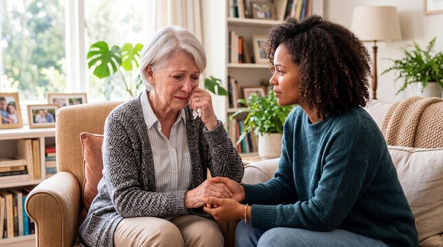 senior woman emotional support caregiver comfort empathy crying home hands younger companion holds hands with a tearful older woman and listens during a vulnerable personal conversation