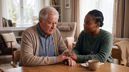 Fototapeta premium senior man caregiver emotional support comfort empathy home hands sadness younger companion holds hands with a distressed older man at a table and listens with patience for wellness awareness