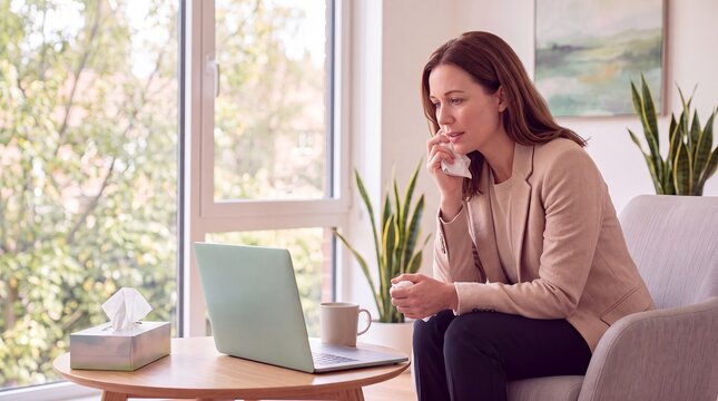 online therapy crying woman laptop counseling emotional support tissues home tearful client joins a remote mental wellness consultation from home while holding tissues beside a computer