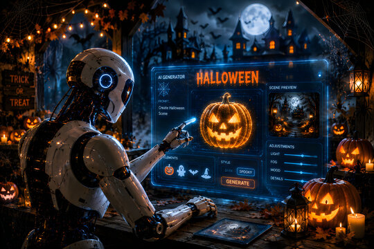 Futuristic robot using artificial intelligence to design a glowing jack o lantern pumpkin on a computer screen in a dark room during the halloween holiday season at night