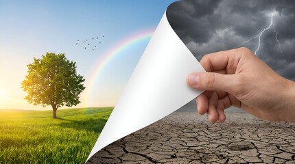 Fototapeta premium Ecological transition and sustainable paradigm shift where a hand peels away a stormy drought landscape to uncover a thriving green natural habitat.