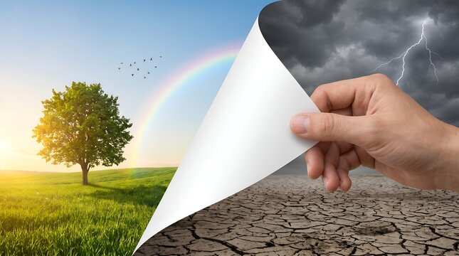 Ecological transition and sustainable paradigm shift where a hand peels away a stormy drought landscape to uncover a thriving green natural habitat.