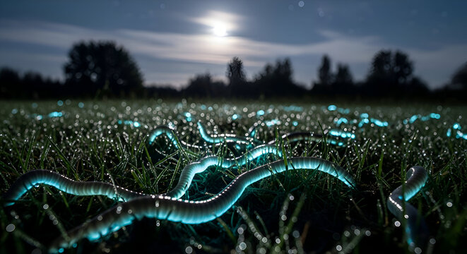 Luminous worms glowing in dewy grass under a moonlit night, creating a magical and ethereal landscape scene