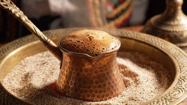 Traditional Turkish coffee brewing in copper cezve pot on hot sand with rising foam