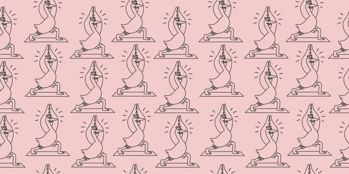 Yoga goose outline seamless pattern on pink background