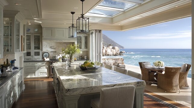 Luxury coastal kitchen features marble countertops and expansive open doors showing a stunning ocean view under bright sunny morning skies