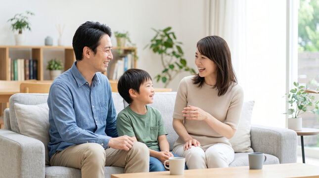リビングのソファに座って笑顔で会話を楽しむ仲良し家族