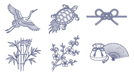 Naklejka premium Japanese traditional symbols line art crane turtle knot bamboo.