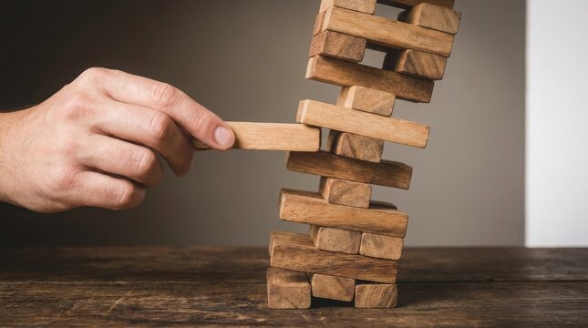 Hand removing wooden block from a precarious tower