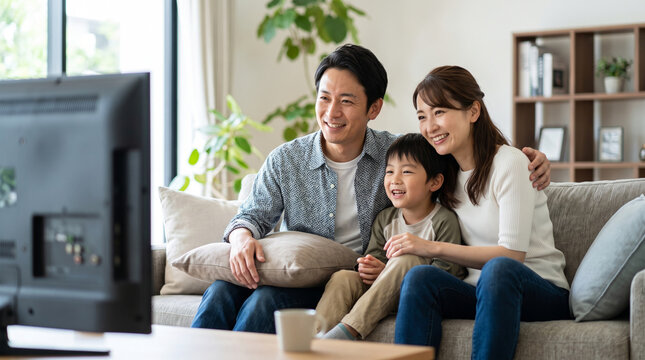 リビングのソファで仲良くテレビを見る笑顔の3人家族