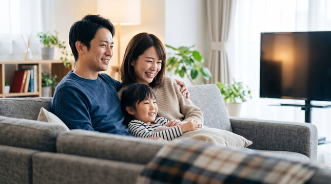 リビングのソファで笑顔でテレビを見る仲良い3人家族