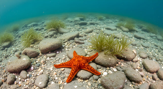 Bright orange starfish on the rocky seabed underwater
